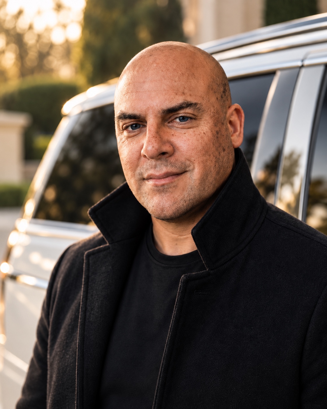 Chad O'Neal, founder and chauffeur of Elite Navigator Co., beside a white Lincoln Navigator